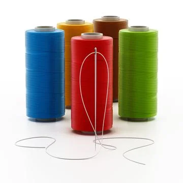 Nylon sewing threads and needle isolated on white background. 3D illustration Illustrazione stock
