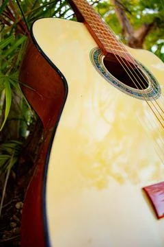 Nylon string guitar viewed from below black and white Stock Photos