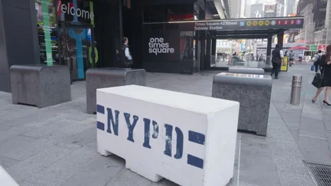 NYPD Barricade at One Times Square on During Morning Commute with people Stock Footage 341116882