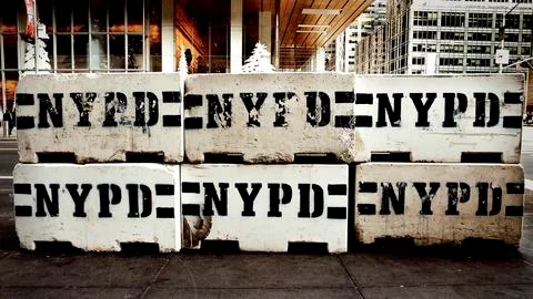 NYPD barrier blocks stacked in NYC Stock Photos