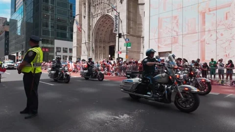 NYPD Motorcycle Unit Escorts Parade Procession Along Fifth Avenue During Puerto Video stock 337736318