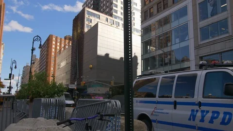 NYPD Van Parked Outside Impressive New York Skyscrapers In Beautiful Manhattan Stock Footage 113792782