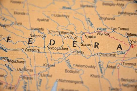 Nyurba Highlighted on World Map with Soft Blur Background and Focused Locatio Stock-Fotos