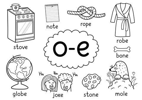 O-e digraph spelling rule black and white educational poster set for kids Stock Illustration