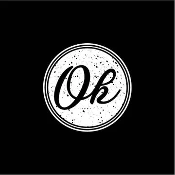 O K Initial Handwriting In Black and White Circle Frame Design Stock Illustration