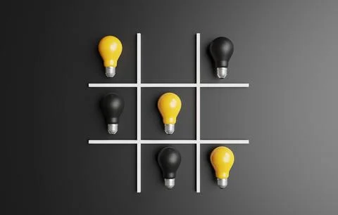 O X or tic tac toe game by use realistic yellow and black lightbulb for cre.. Иллюстрация