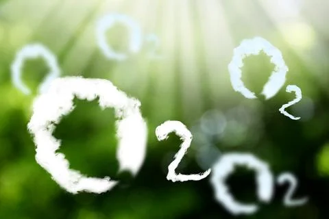 O2 molecules made with clouds and blurred view of green background. Oxygen re Stock Photos