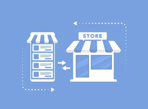 O2O - Online to Offline e-commerce business concept with mobile shop and Illustrazione stock