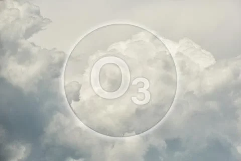 O3 ozone hole eco problem sign highlighted high up in the dark cloudy sky Stock Photos