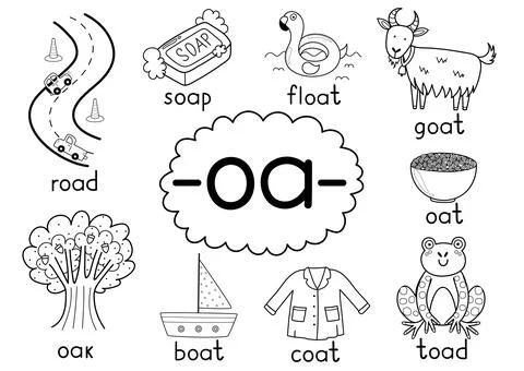 Oa digraph spelling rule black and white educational poster for kids with words 스톡 일러스트