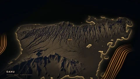 Oahu 3D terrain relief map at night Stock Footage 344564764
