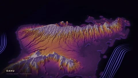 Oahu 3D terrain relief map in a thermal imaging palette Stock Footage 344564777