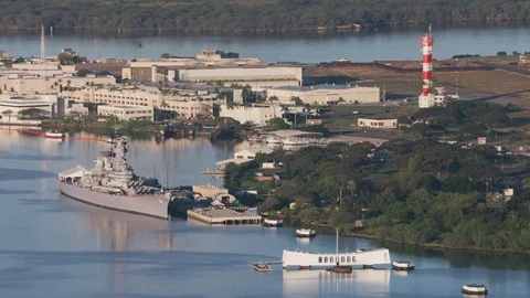 Oahu, Hawaii circa-2018.  Aerial view of Pearl Harbor with USS Arizona Memorial Stock Footage