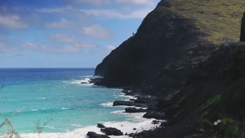 Oahu Hawaii Lighthouse Cliffs Beautiful Blue Ocean And Sky Handheld 4K Video stock 150674071