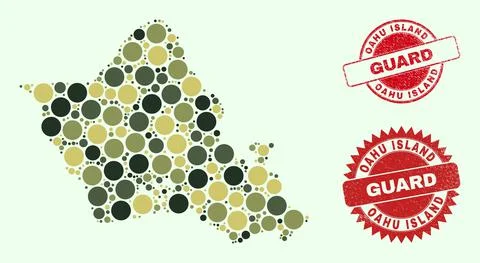 Oahu Island Map Composition of Khaki Military Circle Elements with Textured Illustrazione stock