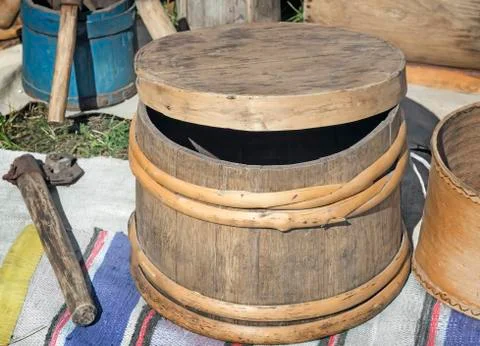 Oak barrel and the objects of rural life. Stock Photos