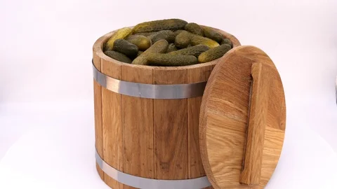 Oak Barrel with Pickled Cucumbers Rotating, Pickle Barrel, Pickled cucumber Stock Footage