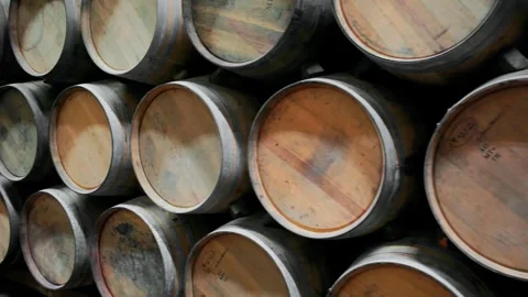 Oak barrels aging red wine in Rioja winecellars Spain winemaking process 스톡 동영상 323206232