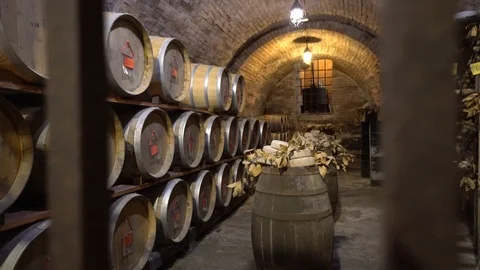 Oak barrels in an old wine cellar. Stock Footage 92599151