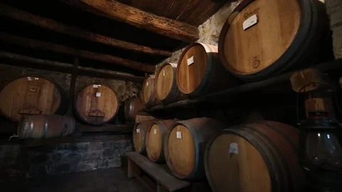 Oak barrels in underground wine cellar Stock Footage 221489061