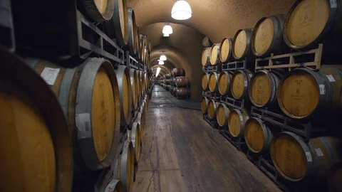 Oak barrels of wine in cave Video stock 112454903