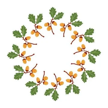 Oak branches with acorns circular frame on white background Stock Illustration