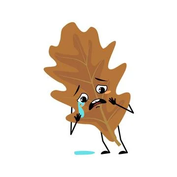 Oak leaf character with crying and tears emotion, sad face, depressive eyes Stock Illustration