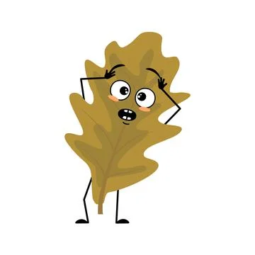 Oak leaf character with emotions in panic grabs his head, surprised face Stock Illustration