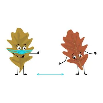 Oak leaf character with sad emotions, face and mask keep distance, arms and legs Stock Illustration