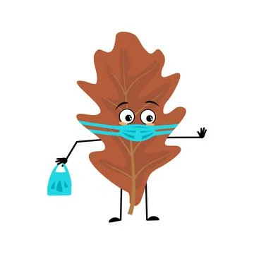 Oak leaf character with sad emotions, face and mask keep distance, hands with Stock Illustration