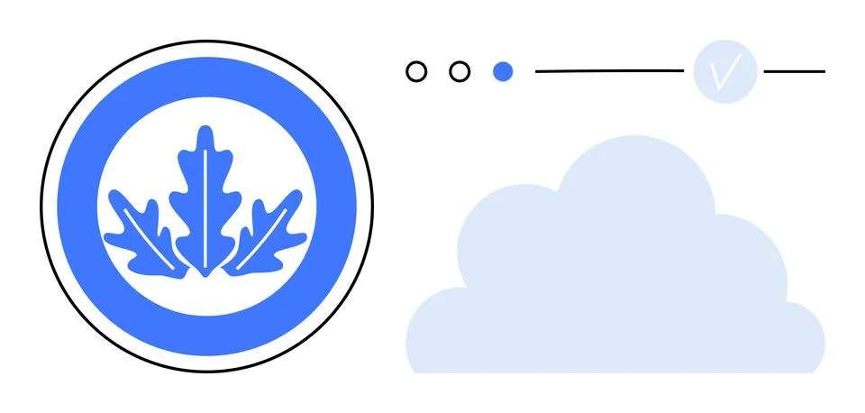 Oak leaf emblem inside a circular badge, stylized cloud icon, and circular in Stock Illustration