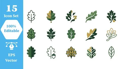 Oak leaf icon set collection with botanical woodland collection minimalist Stock Illustration