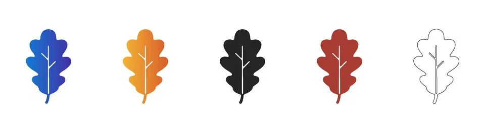 Oak leaf icon set in various styles for nature design Stock Illustration