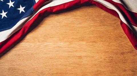 Oak table texture with American flag on it. USA patriotic background Stock Photos