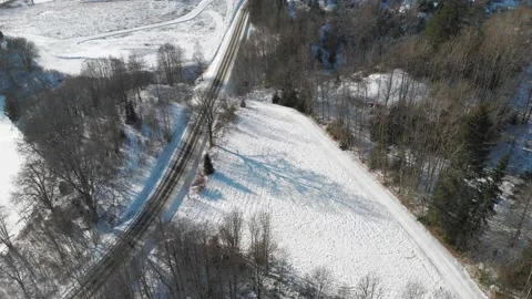 Oak Tree and Shadow on Snow Covered Field, Aerial Stock Footage 152133863