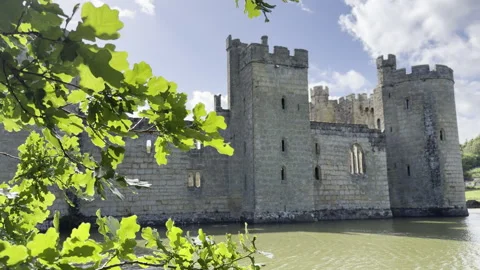 Oak tree foliage revealing moated castle panning Stock Footage 336816587