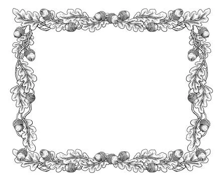 Oak Tree Leaves and Acorns Vintage Frame Border Stock Illustration