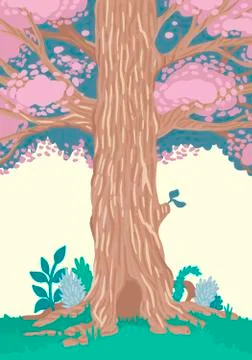 Oak tree with spring foliage and roots. Forest story. Vector concept Stock Illustration