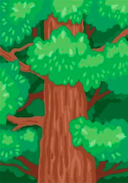 Oak tree trunk with green foliage. Vector illustration Stock Illustration