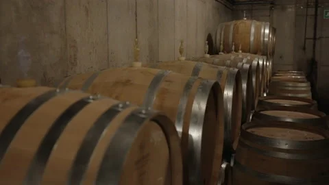Oak White Wine Barrels fermentation in cellar slow motion Stock Footage 169568977
