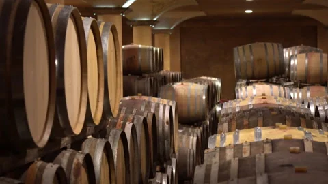 Oak wine barrels in wine cellar, traditional wooden barrels used for high Stock Footage 344757812