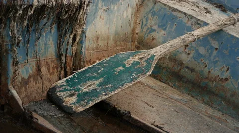 Oar in old rusty boat, 4k Stock Footage 68360760