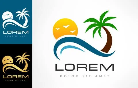 Oasis and beach logo vector. Palm tree, wave, sea and sun. Stock Illustration
