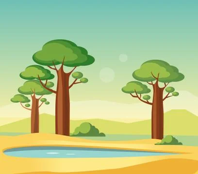 Oasis With Baobabs Stock Illustration