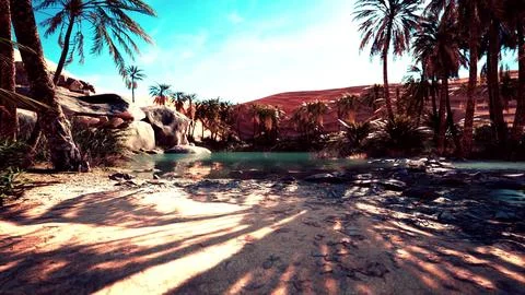 Oasis lake in desert surrounded high yellow sand dunes Stock Illustration