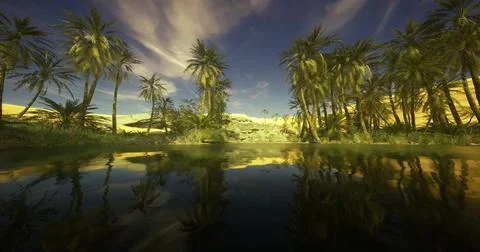 Oasis with palm trees and tranquil waters surrounded by golden sands Stock Illustration
