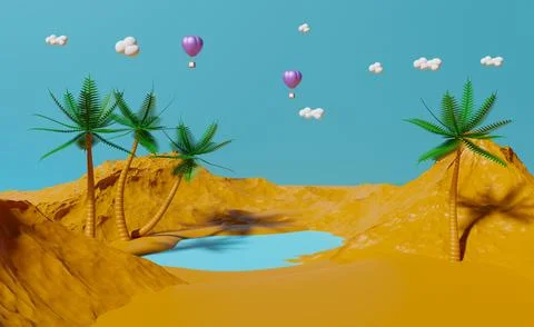 Oasis in sand and palm trees and lake with hot air balloon in landscape Com.. Ilustración de archivo