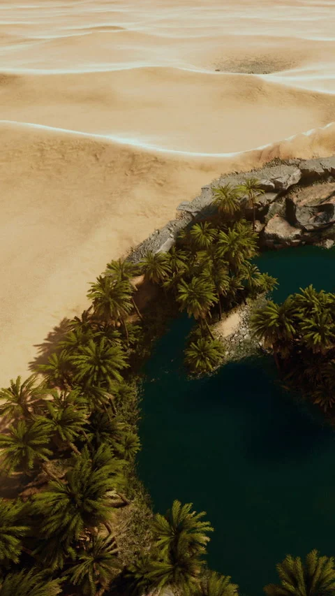 Oasis surrounded by desert and palm trees in a sunny landscape 스톡 동영상 345010644