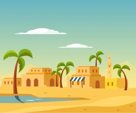Oasis With The Town In Desert Stock Illustration