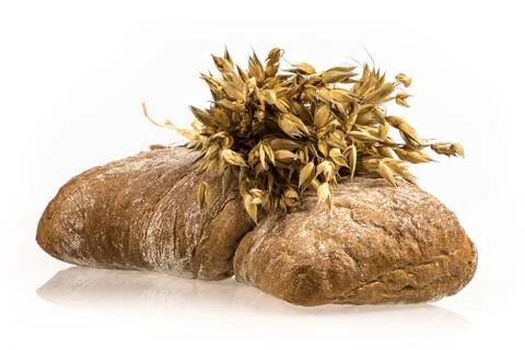 Oat bunch and baked bread isolated on white background. Grain bouquet. Golden 스톡 사진
